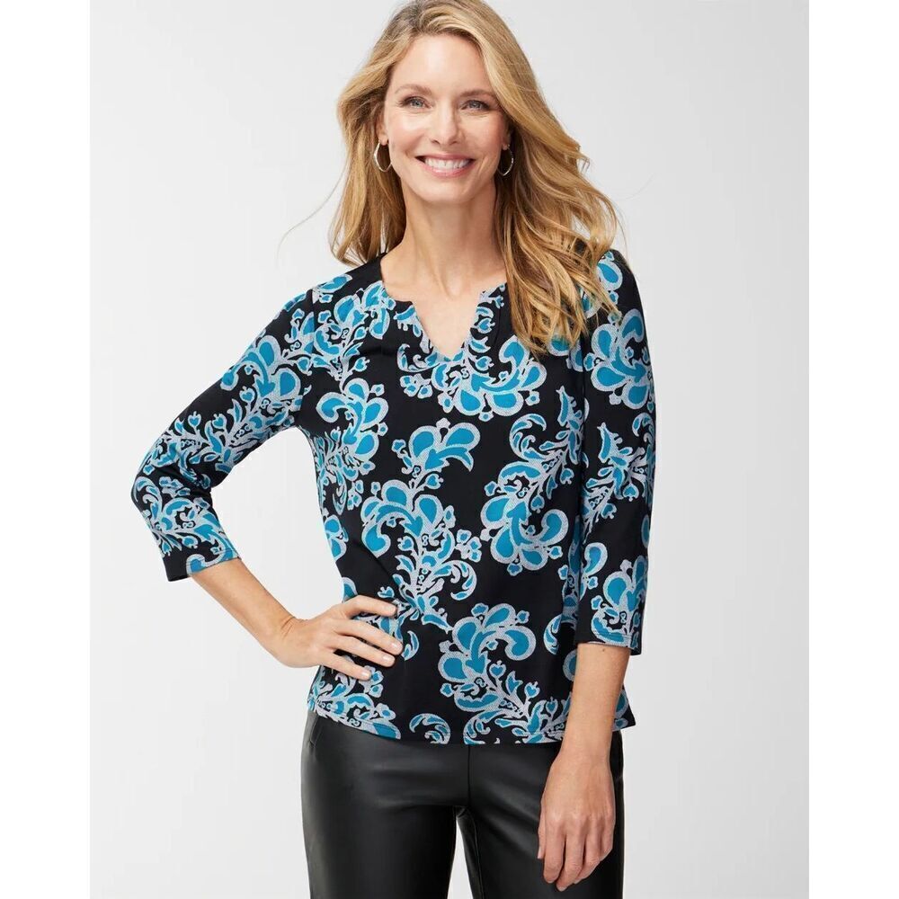 ✨Chicos Lace Jacquard Pleated Notch-Neck Sz 1 Top✨